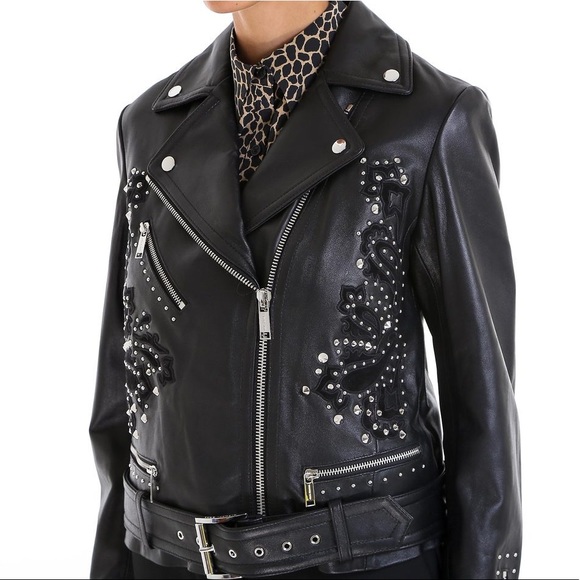 Like New MICHAEL Michael Kors Studdded Belt Biker Jacket 100% Real Lamb Leather - Picture 2 of 14